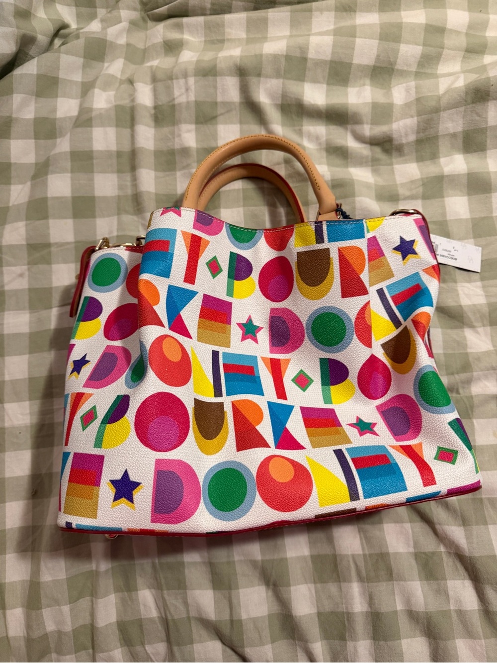 Dooney & Bourke White Multicolor Geometric Print Tote with Tan Handles